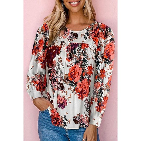 Azura Exchange  Red Retro Floral Long Sleeve Blouse - Picture 5 of 6